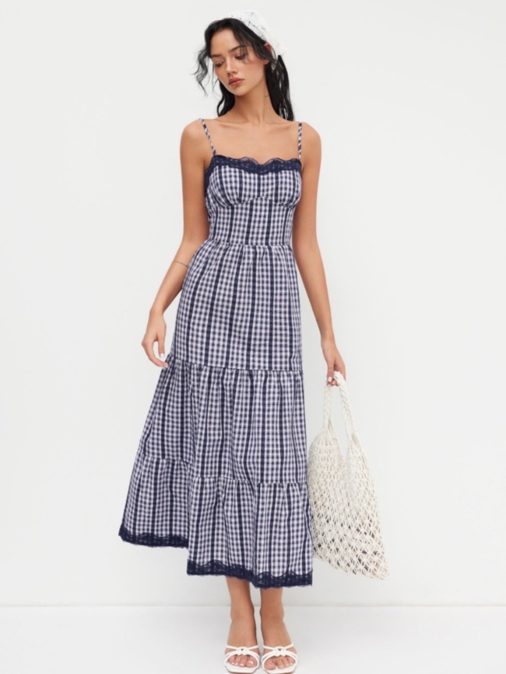 NWT GINGHAM LACE TRIM TIERED SHIRRED MAXI DRESS XS